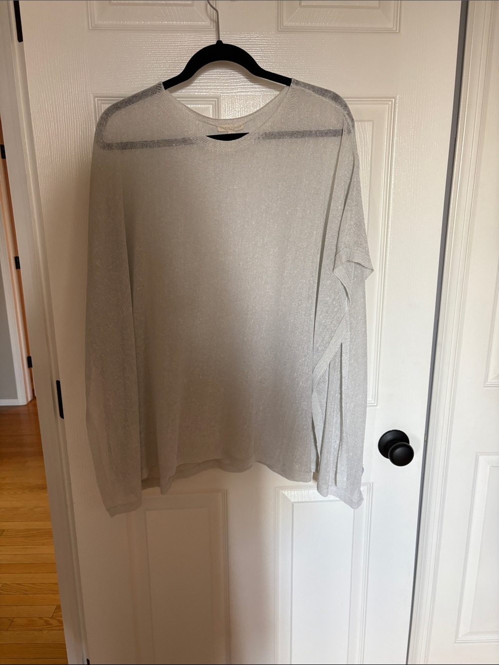 Eileen Fisher Silver-Light Gray Sheer Knit Crewneck Sweater